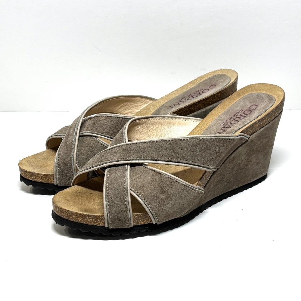 Cordani Woman 38 Avery Suede Wedge Cross Strap Sandals Made in Italy Taupe